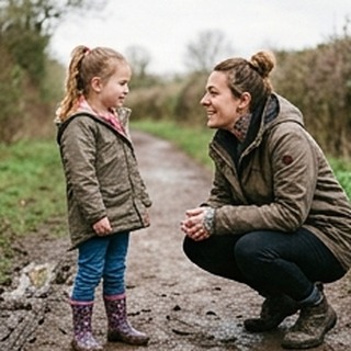 UK Mum squatting comfortably outdoors